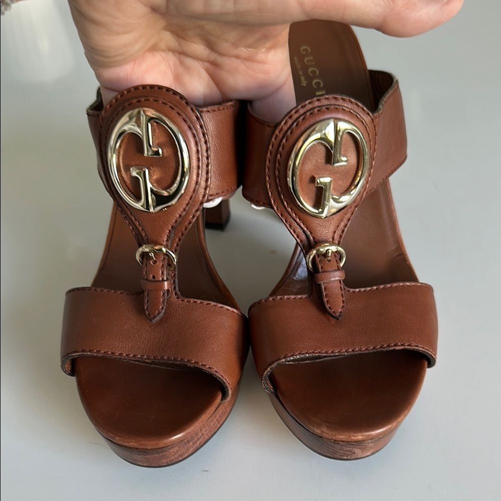 Gucci Brown Leather Heels with Gold Buckle